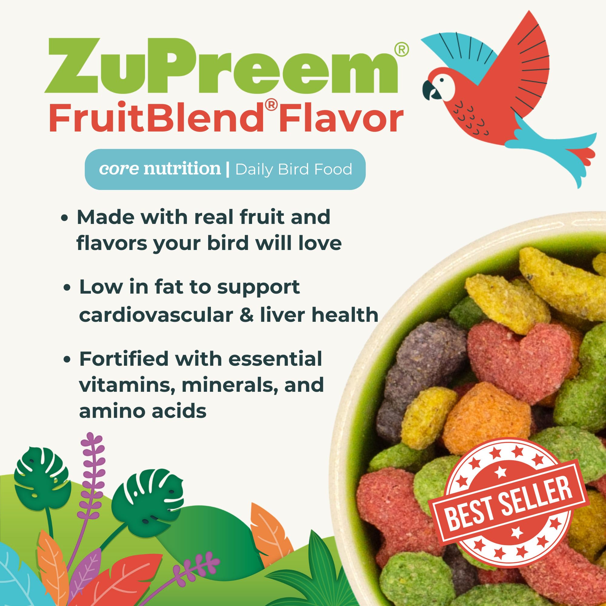 Serving in a bright bowl, ZuPreem FruitBlend provides a balanced daily meal