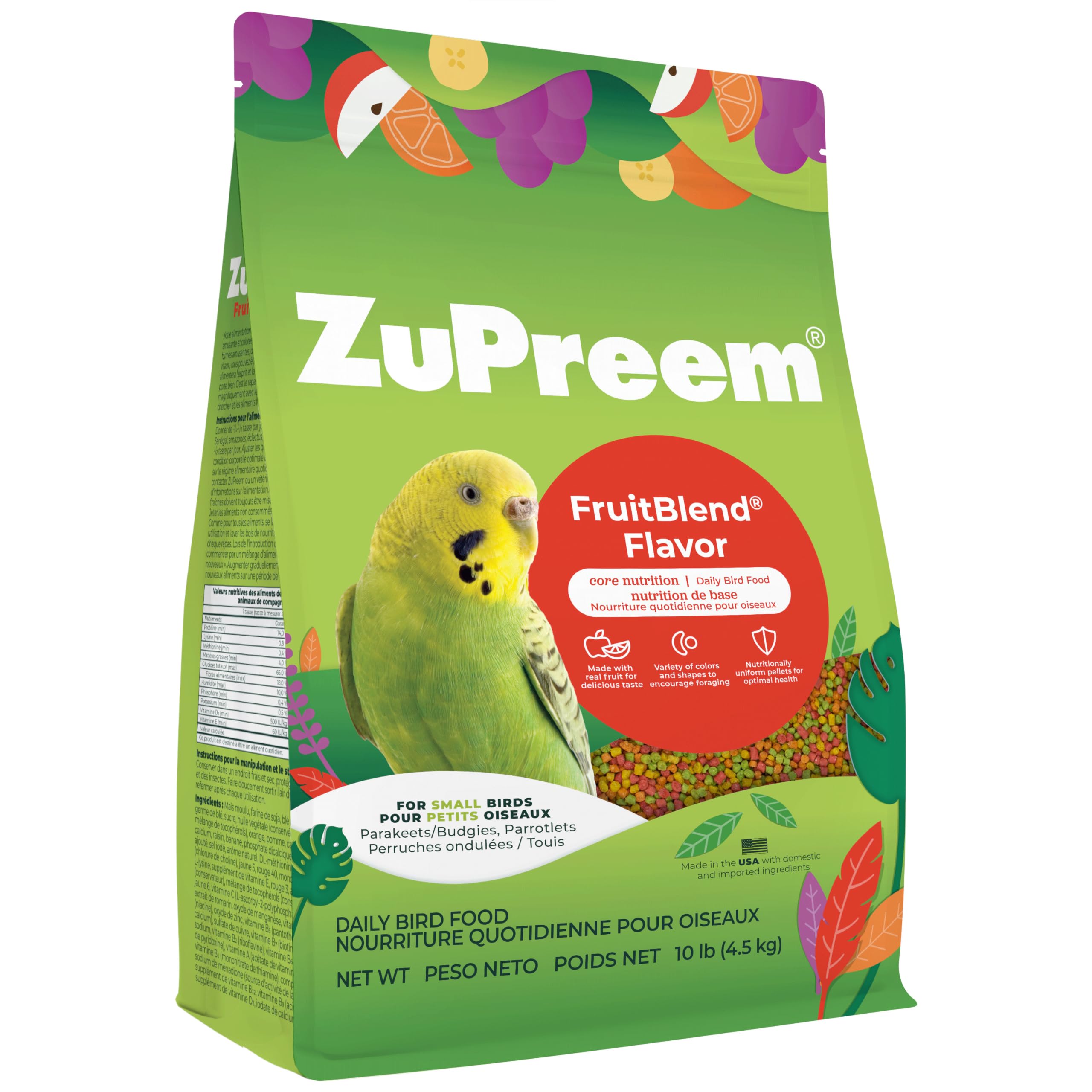 ZuPreem FruitBlend packaging highlights USA made nutrition