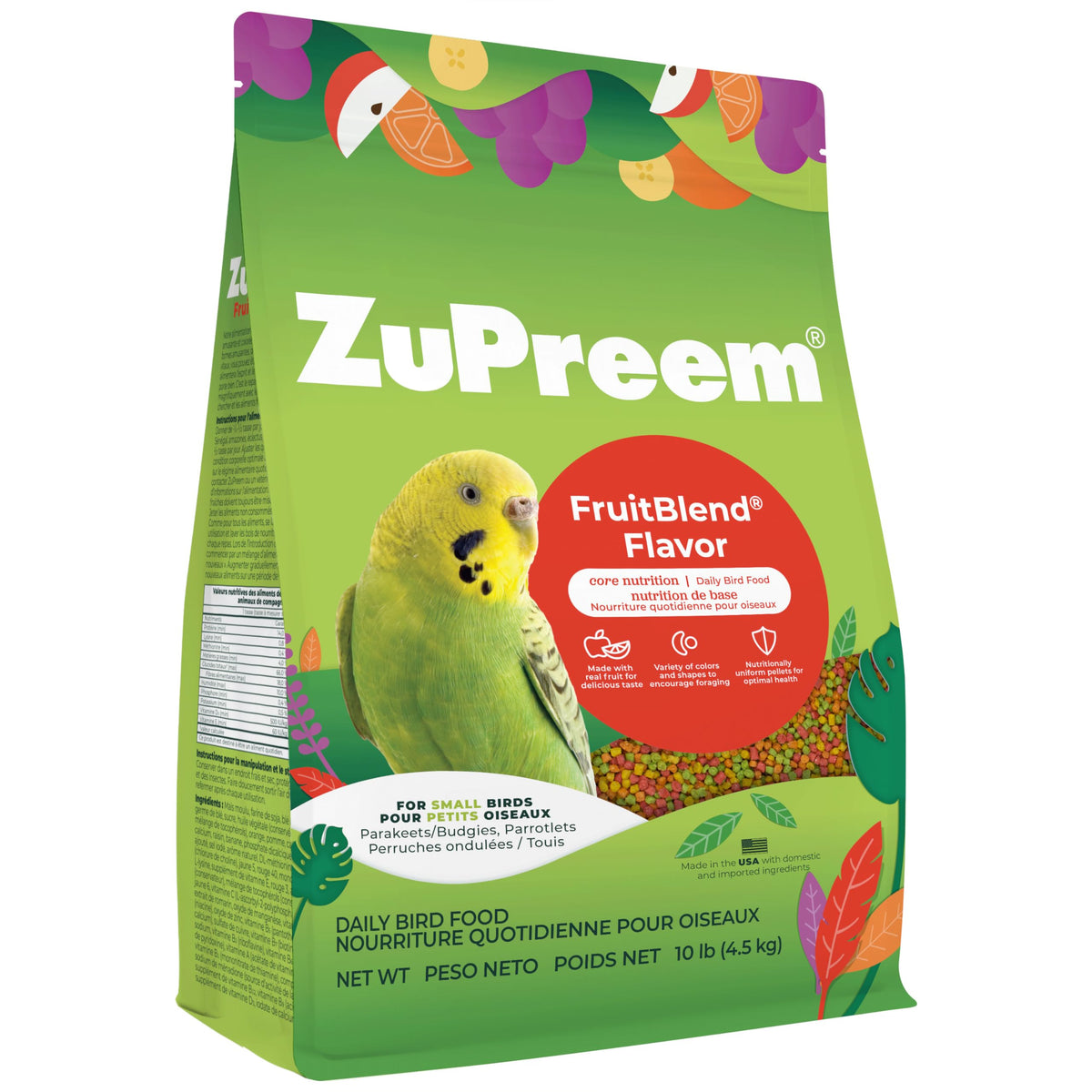 ZuPreem FruitBlend packaging highlights USA made nutrition