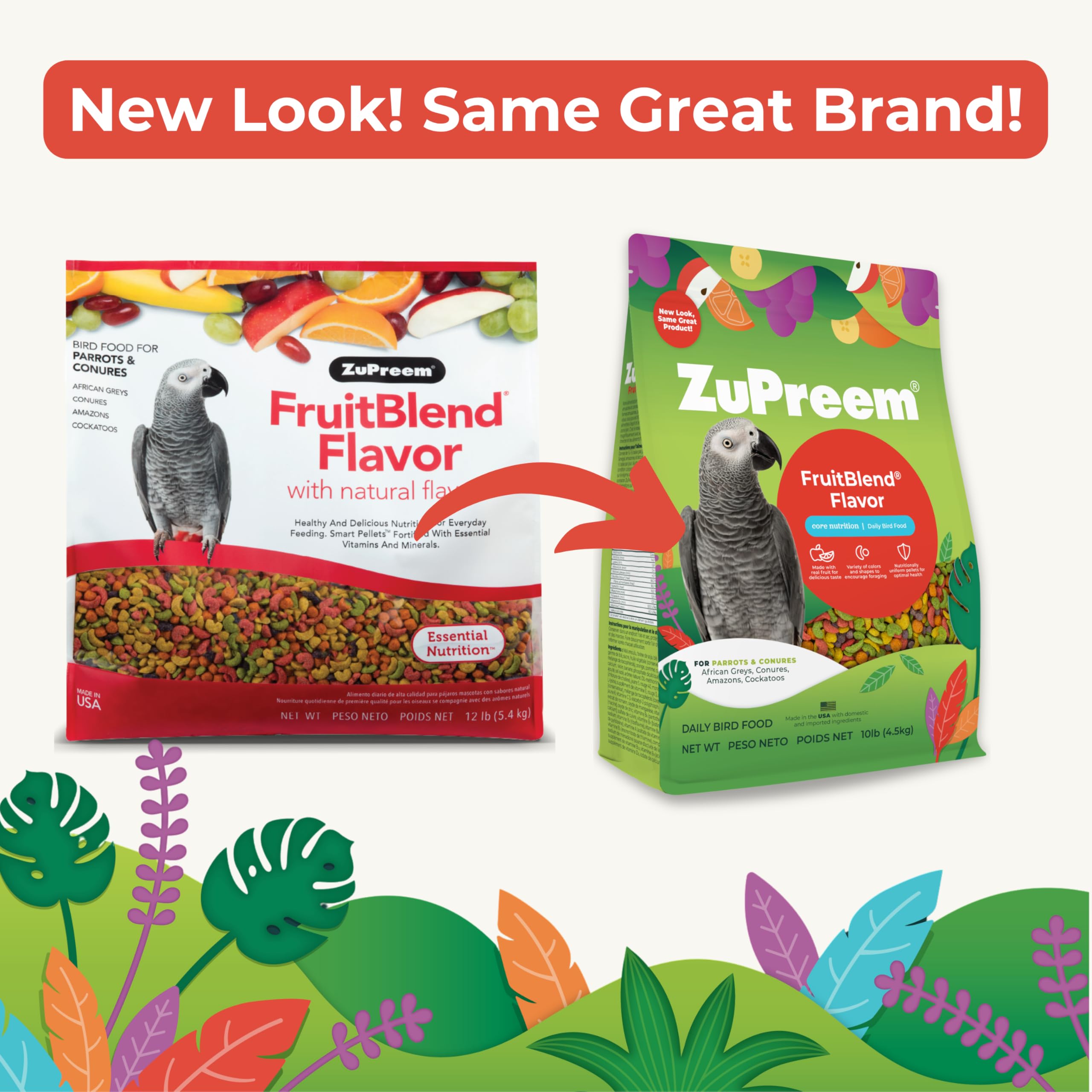 ZuPreem FruitBlend serving bowl highlighting nutrition for parrots
