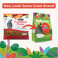 ZuPreem FruitBlend serving bowl highlighting nutrition for parrots