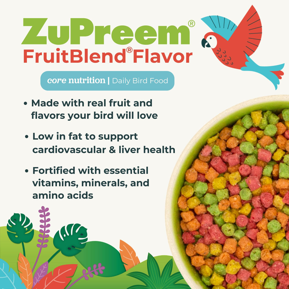ZuPreem FruitBlend transition visuals showing seed-to-pellet acceptance over time.