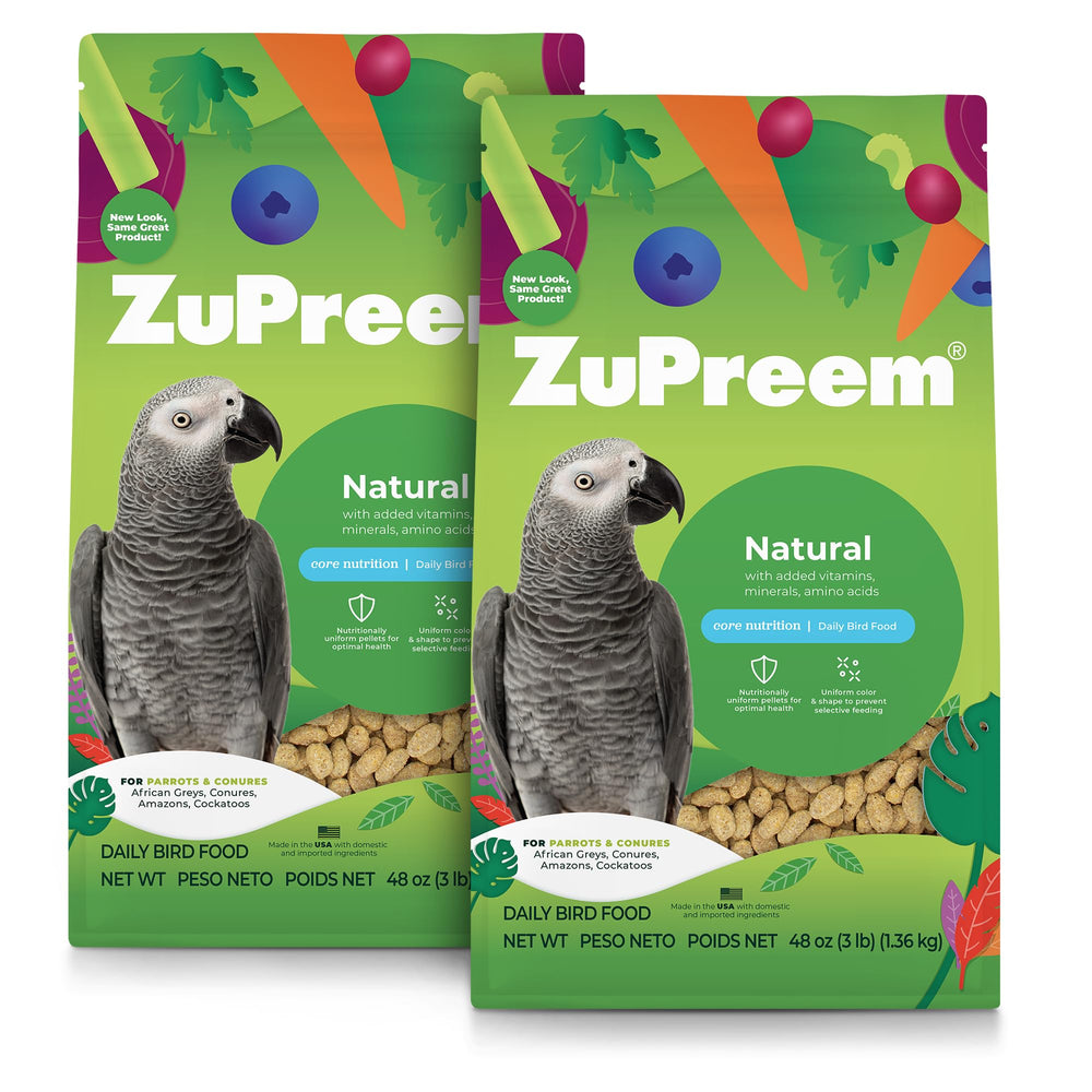 ZuPreem Natural Parrot Pellets packaging shows balanced daily nutrition for medium to large parrots.