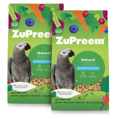 ZuPreem Natural Parrot Pellets packaging shows balanced daily nutrition for medium to large parrots.
