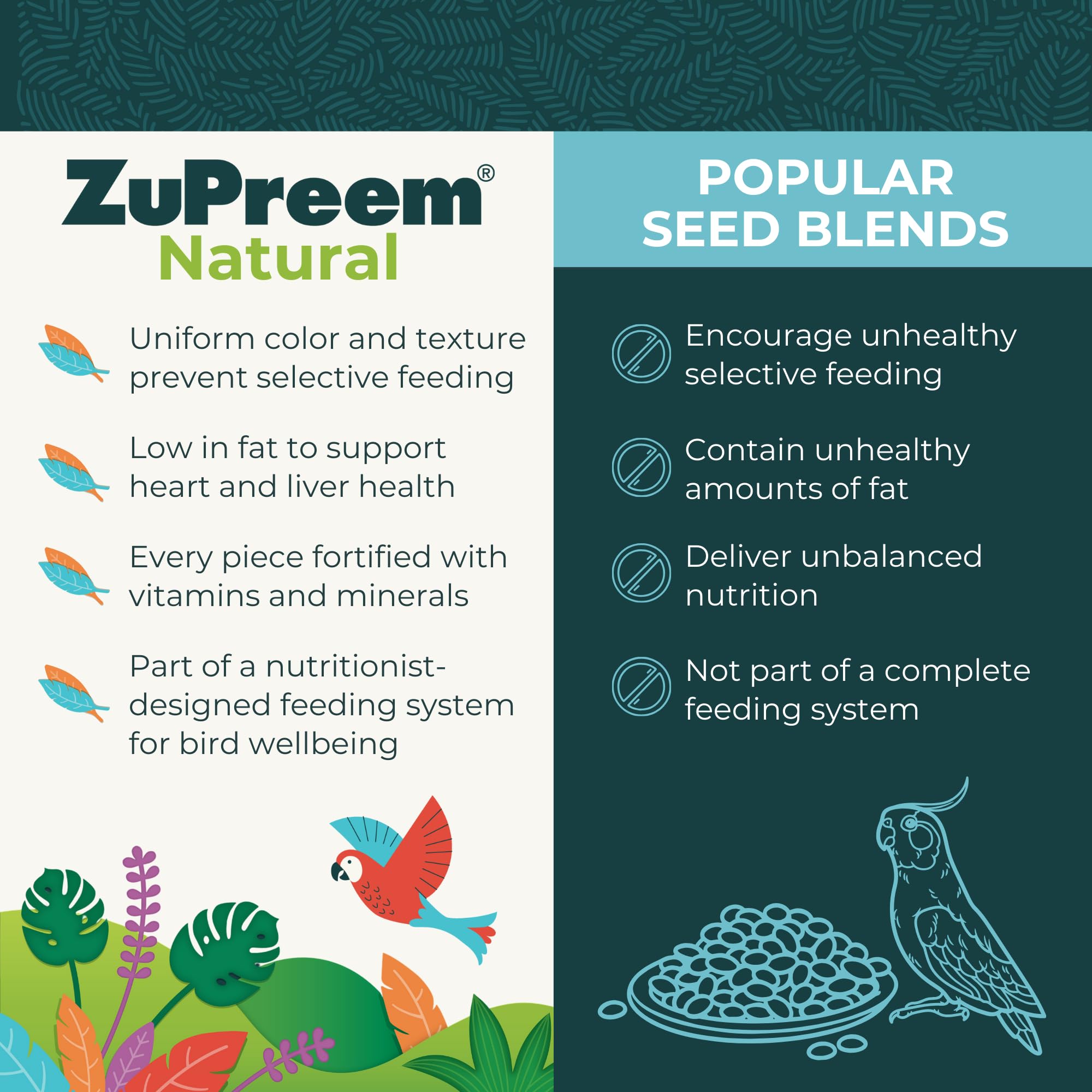 ZuPreem Natural Pellets fed to a cockatiel showing steady energy and feather health.