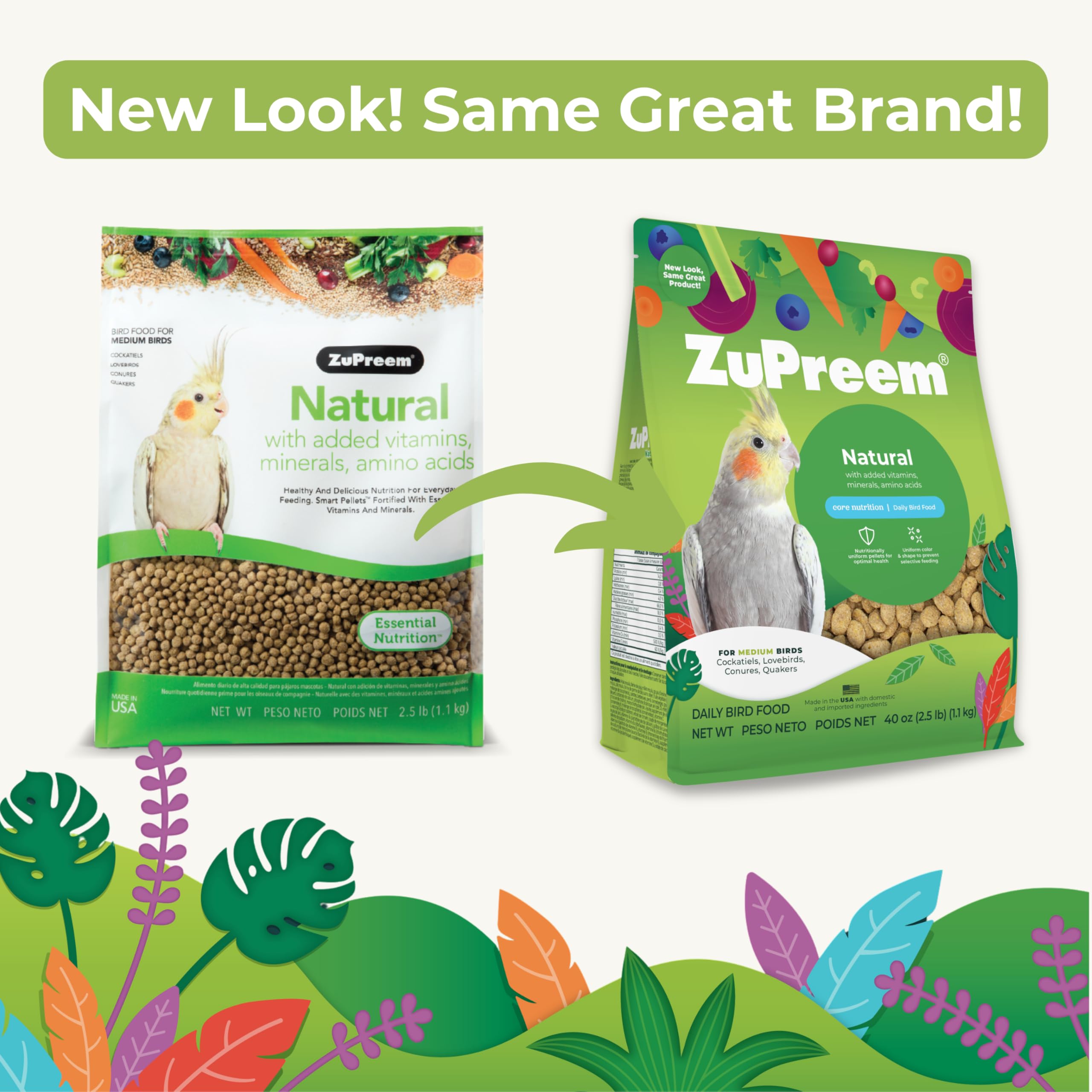 ZuPreem Natural Pellets texture close-up highlights uniform nuggets for balanced nutrition.