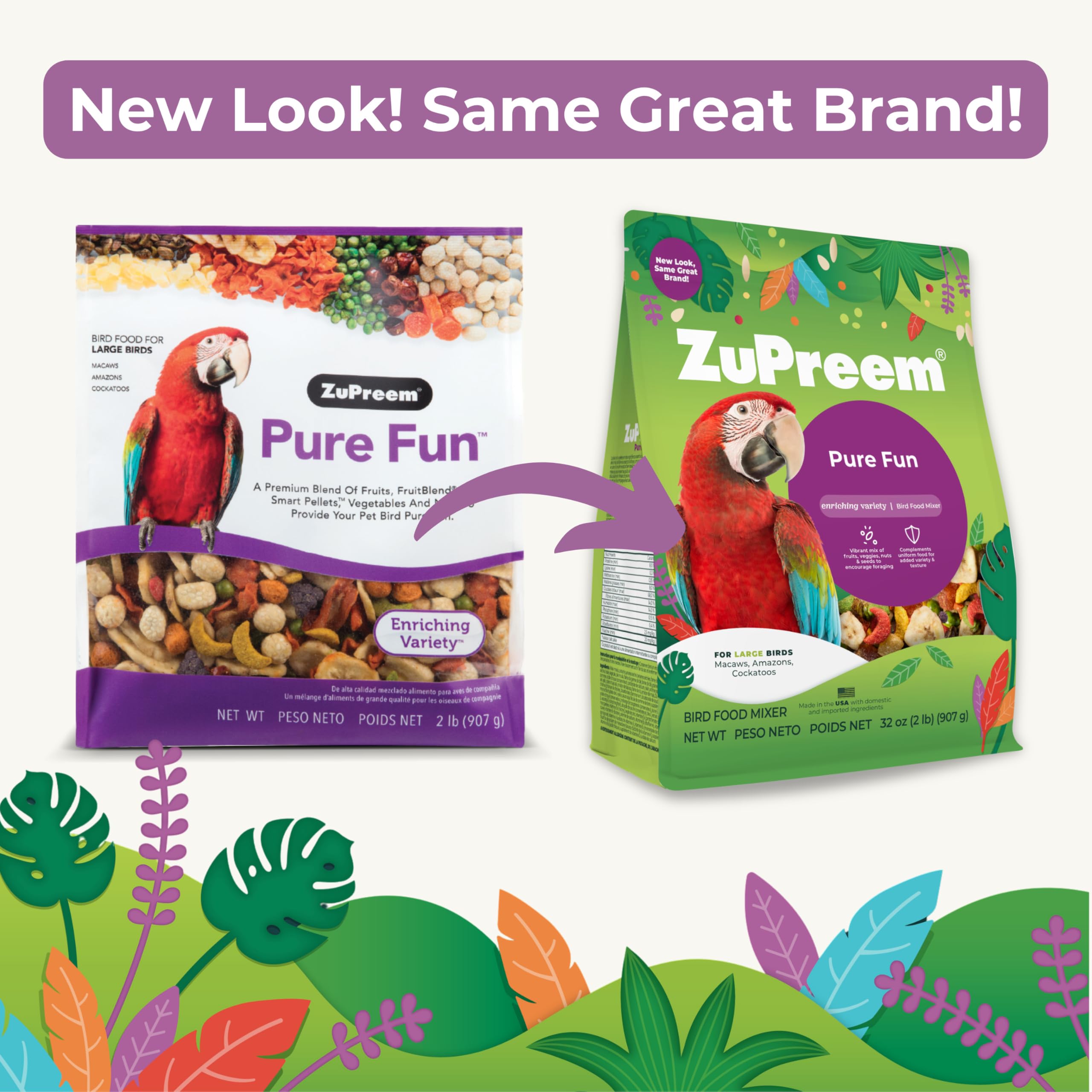 ZuPreem Pure Fun large-bird diet promotes foraging enrichment with colorful ingredients.