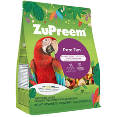 ZuPreem Pure Fun fruit-pellet-mix promotes foraging and balanced nutrition for large birds.