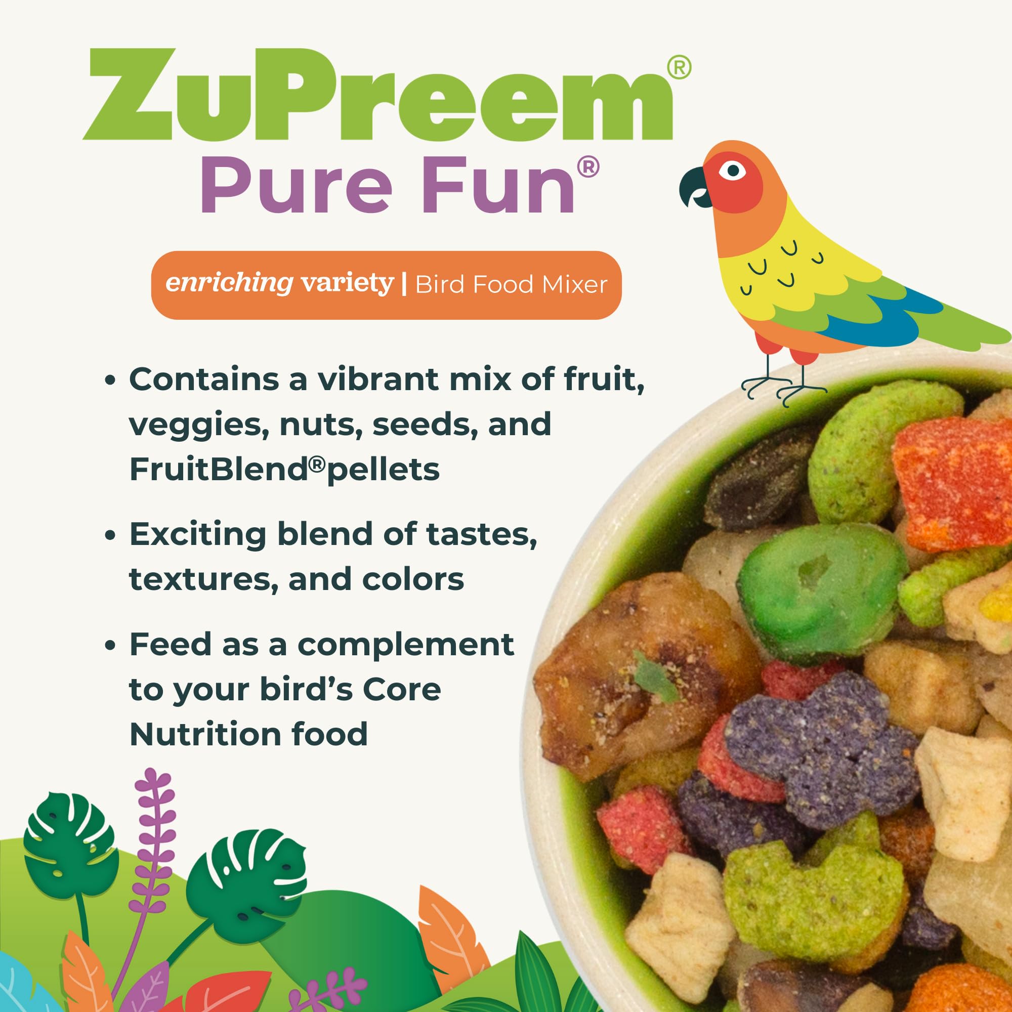 ZuPreem Pure Fun cockatoo-friendly mix supports mental stimulation through foraging and texture variety.