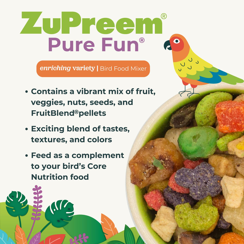 ZuPreem Pure Fun cockatoo-friendly mix supports mental stimulation through foraging and texture variety.
