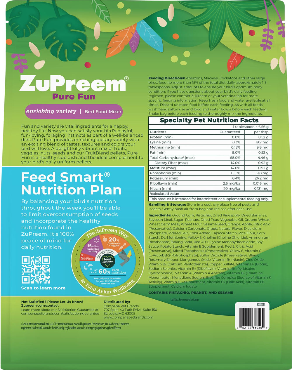 ZuPreem Pure Fun USA-made label emphasizing quality and reliability for large birds.