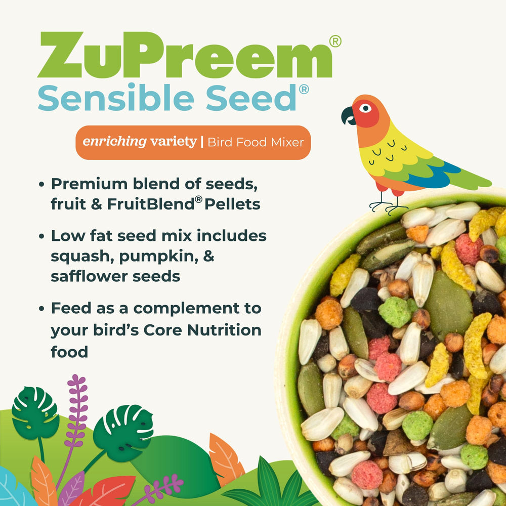 Ingredient mix highlights real grains and seeds in ZuPreem Sensible Seed.