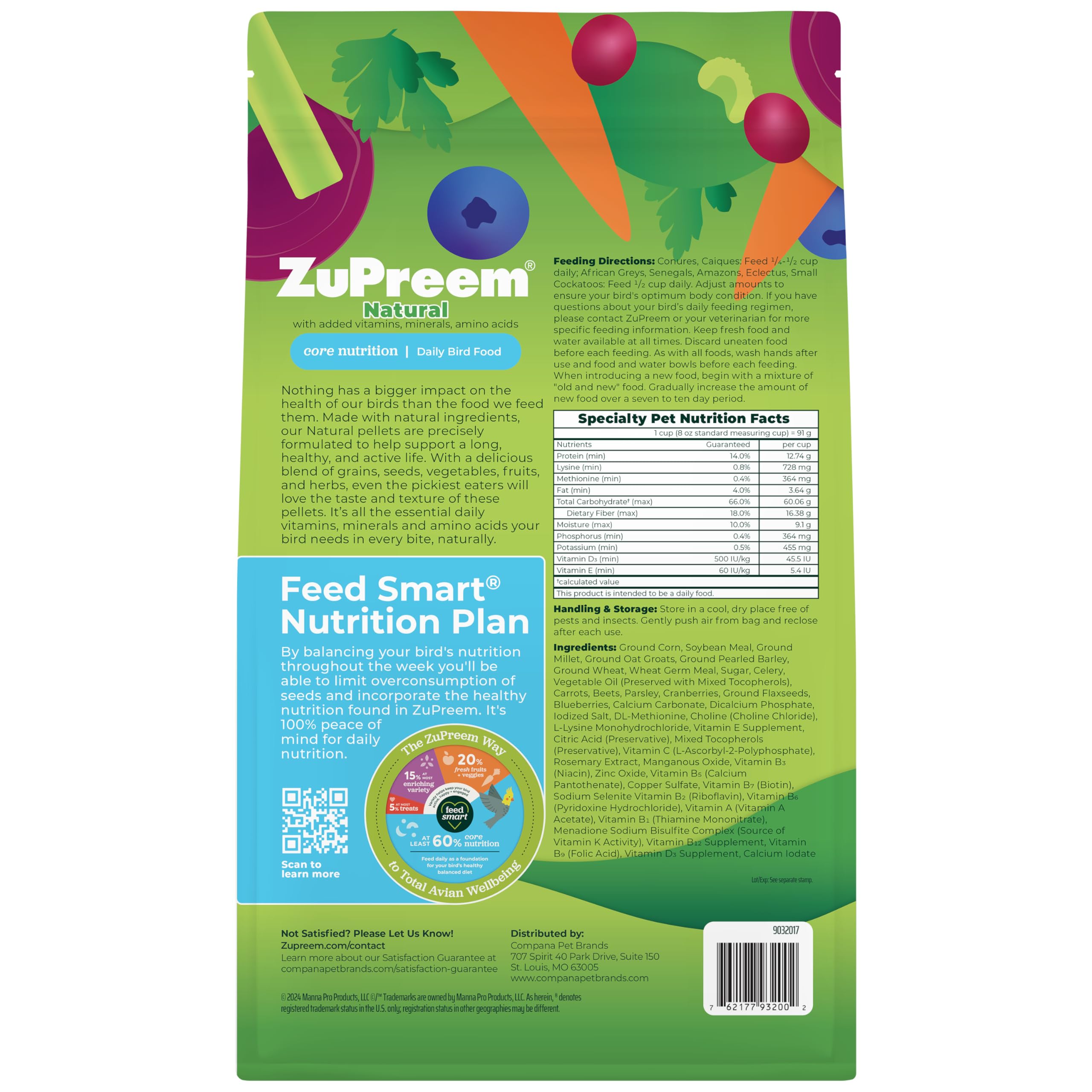 ZuPreem Smart Selects serving ideas with fruits and veggies for balanced parrot meals.