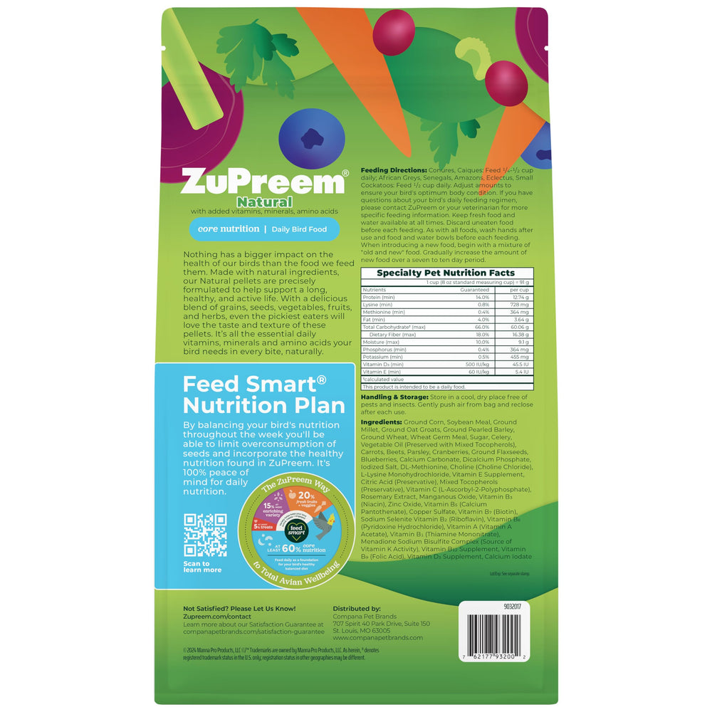 ZuPreem Smart Selects serving ideas with fruits and veggies for balanced parrot meals.