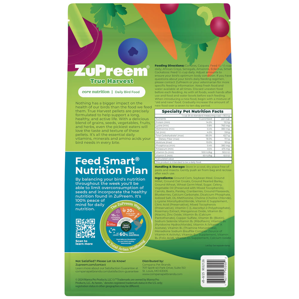 ZuPreem True Harvest daily diet supports energy and vibrant plumage.