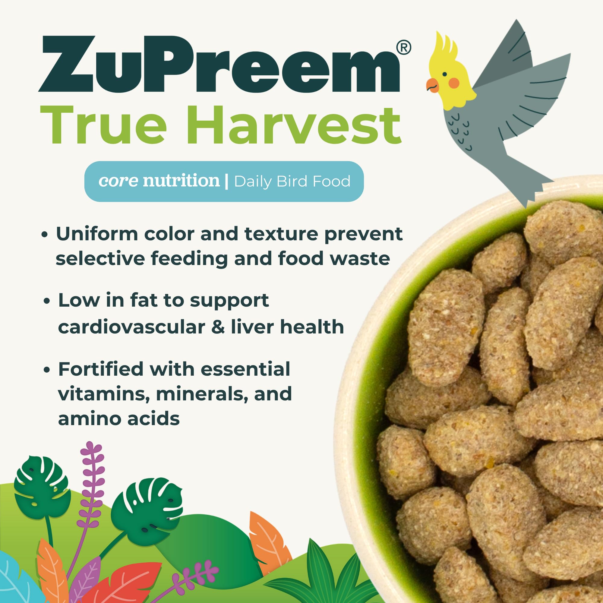 True Harvest multigrain formula illustrates balanced nutrition for medium birds.