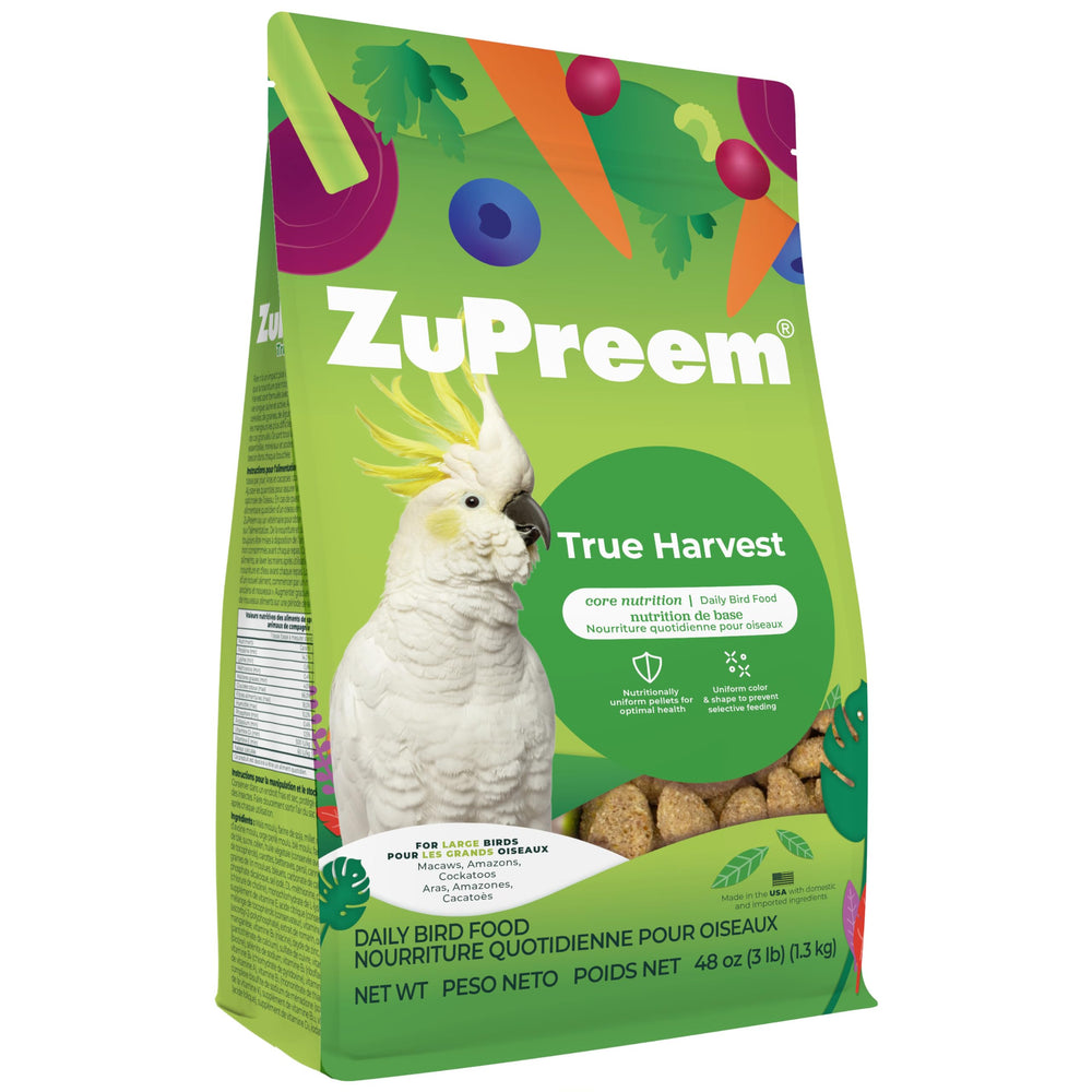 ZuPreem True Harvest pellets in a bowl support balanced nutrition for Amazons