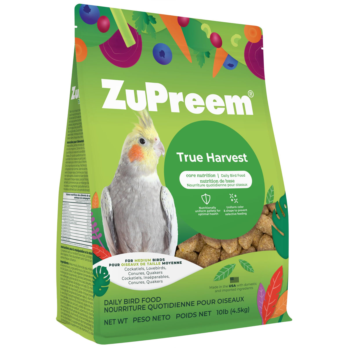 ZuPreem True Harvest pellets in a bowl support balanced nutrition for medium birds.