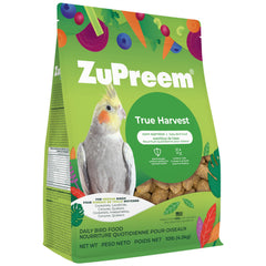 ZuPreem True Harvest pellets in a bowl support balanced nutrition for medium birds.