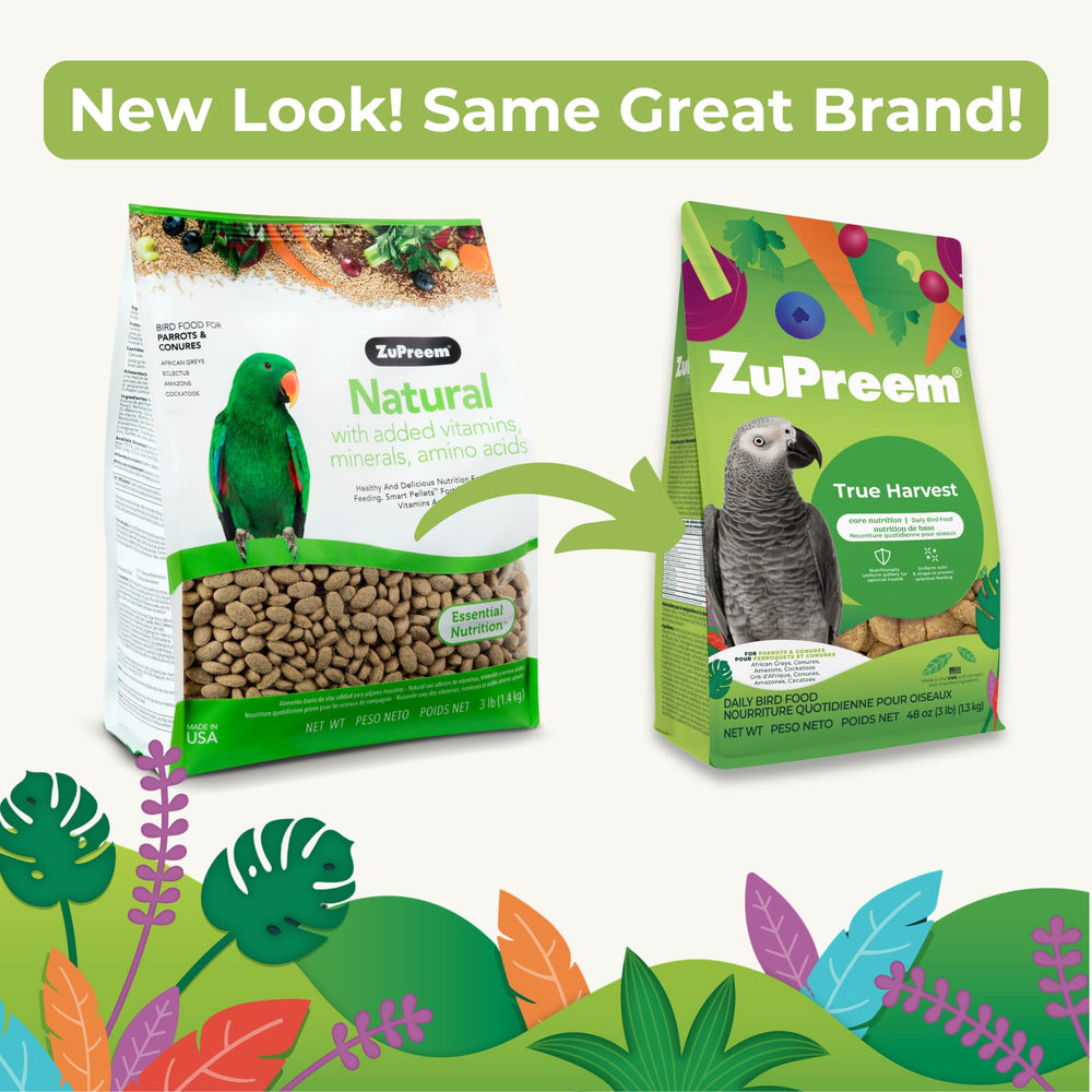 ZuPreem True Harvest pellets close-up texture showing multigrain formula for balance.