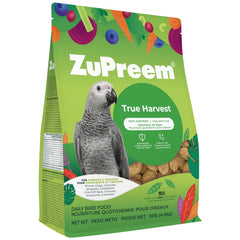 ZuPreem True Harvest pellets in a shallow bowl support balanced nutrition for small birds