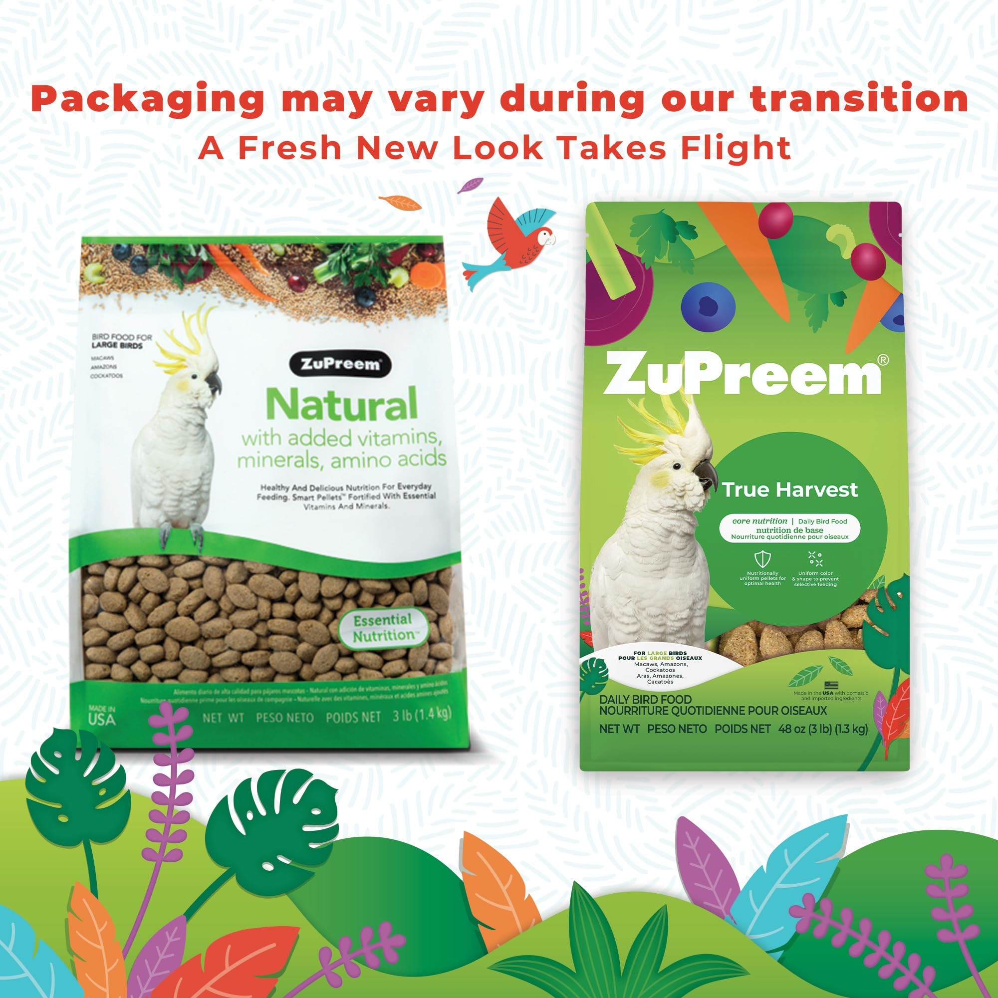 ZuPreem True Harvest pellets shown during macaw feeding for daily vitality