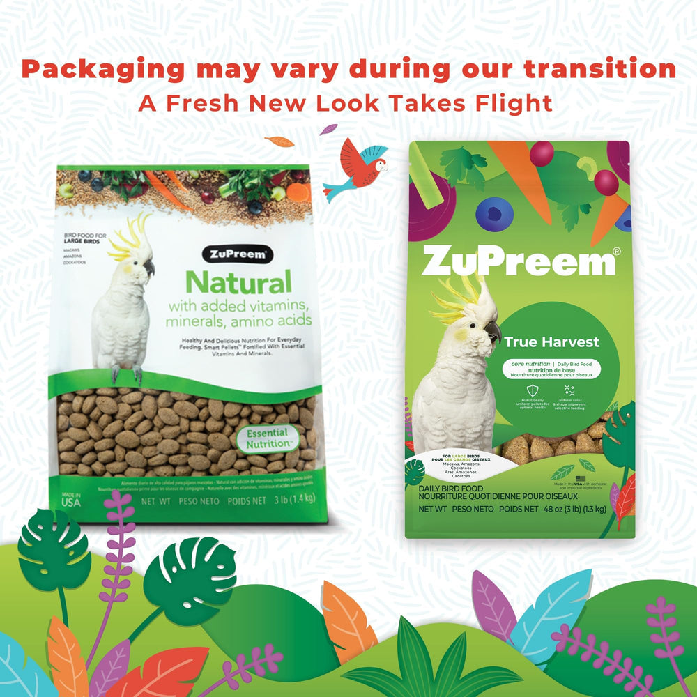 ZuPreem True Harvest pellets shown during macaw feeding for daily vitality