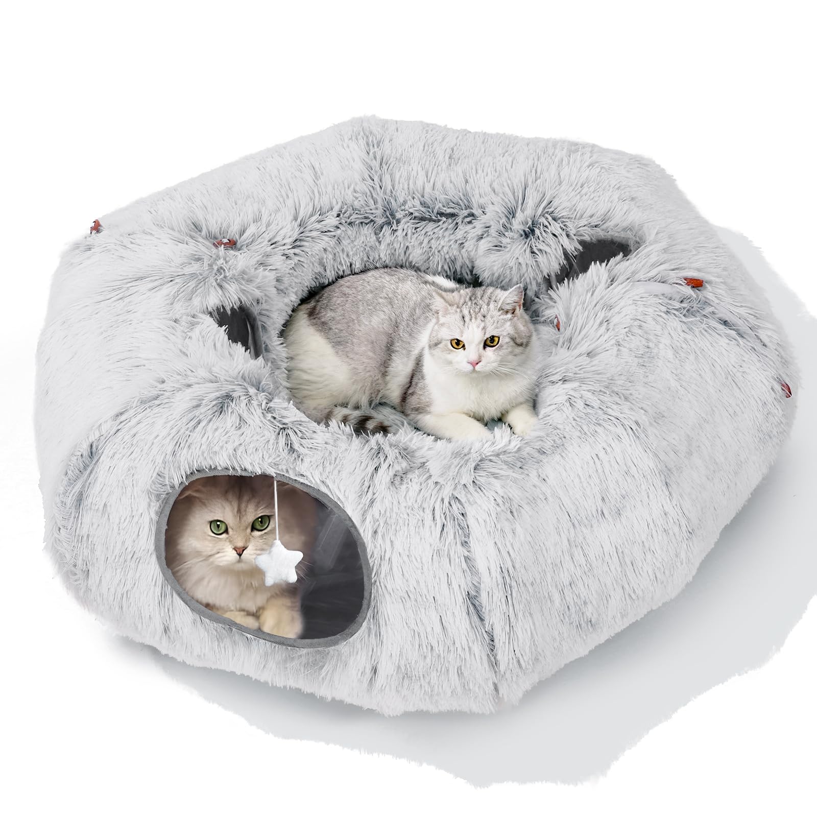 Zuqqony cat tunnel bed around a Christmas tree offers warm, playful space.