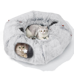 Zuqqony cat tunnel bed around a Christmas tree offers warm, playful space.
