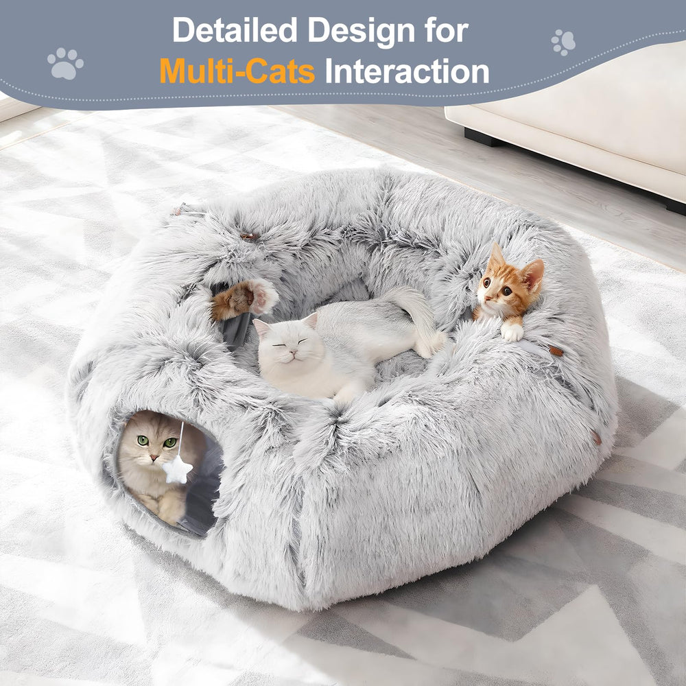 Zuqqony cat tunnel bed openings promote interactive play for curious cats.