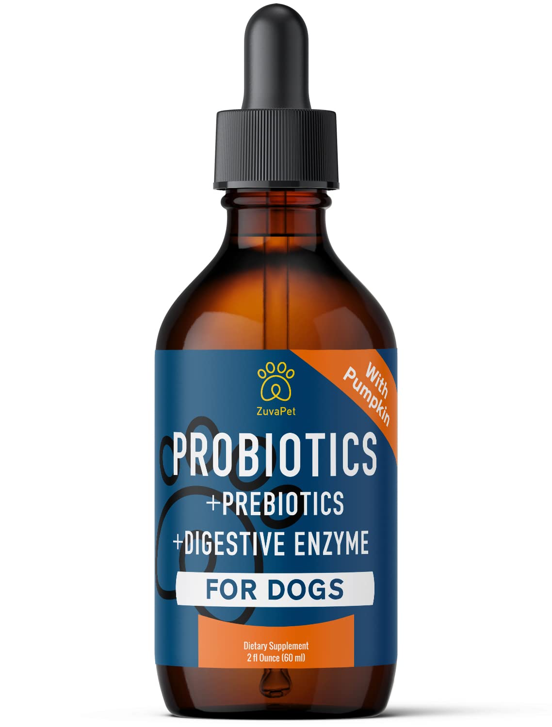ZuvaPet Probiotics for Dogs drops being poured, convenient daily serving for upset stomach relief.