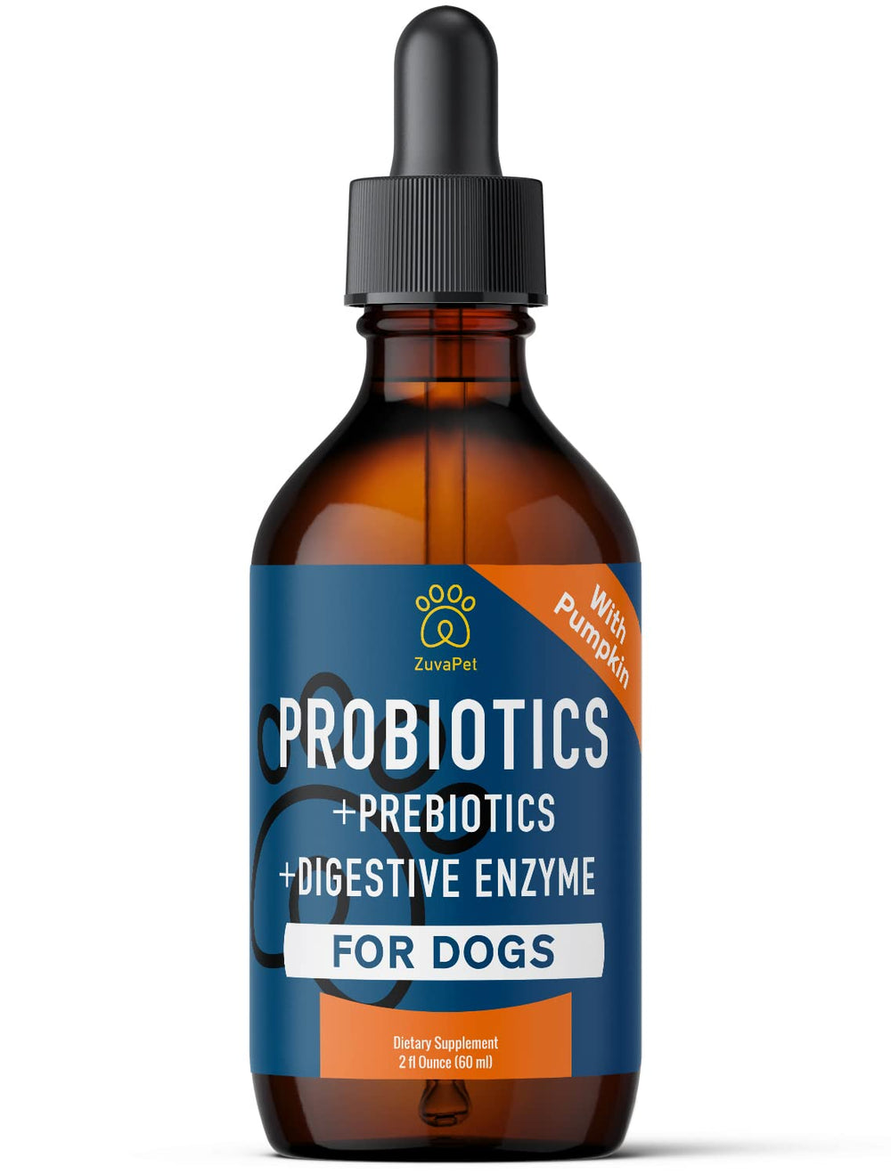 ZuvaPet Probiotics for Dogs drops being poured, convenient daily serving for upset stomach relief.