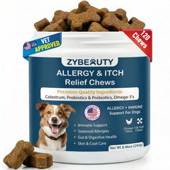 zybeauty dog allergy chews bottle showcasing omega-3 benefits for itchy skin relief.