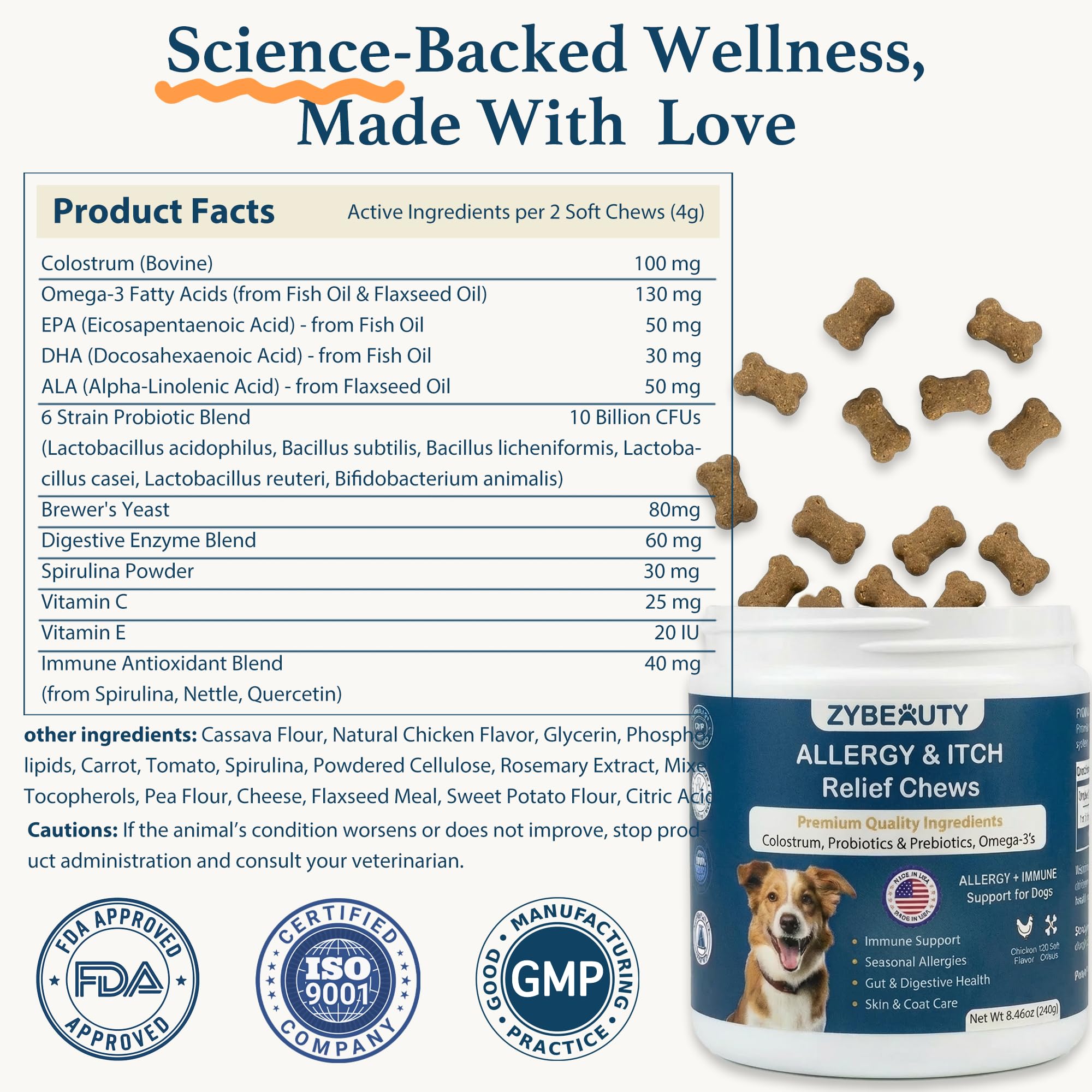 zybeauty dog allergy chews omega-3 ingredients glimpse emphasizes skin and coat health.