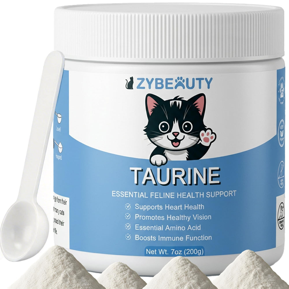 ZyBeauty Taurine for Cats bottle with unflavored powder for easy meal mixing.