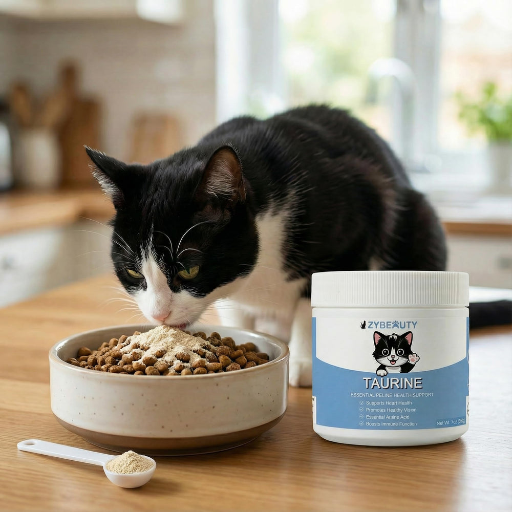 ZyBeauty Taurine for Cats packaging highlights heart, vision, immune support.