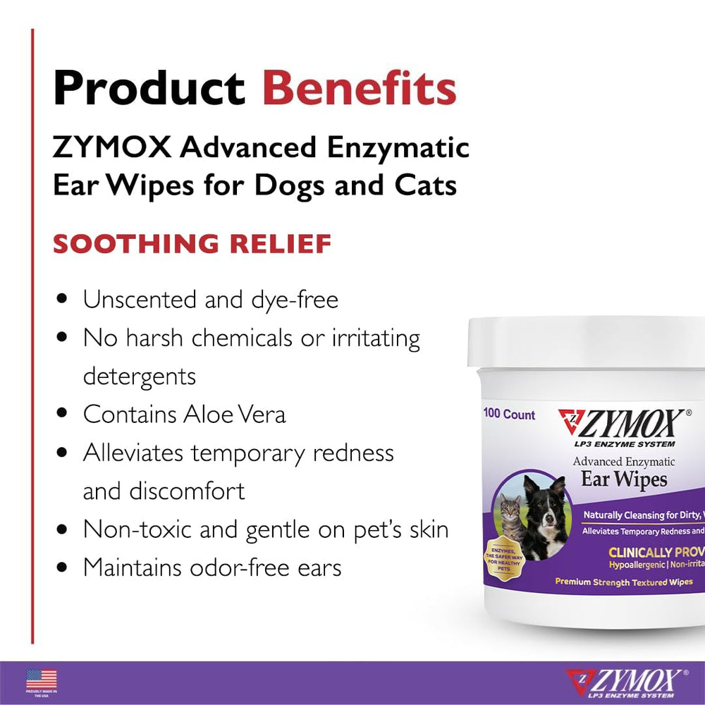 Zymox Advanced Ear Wipes for dogs and cats delivering a fresh, scent-free clean