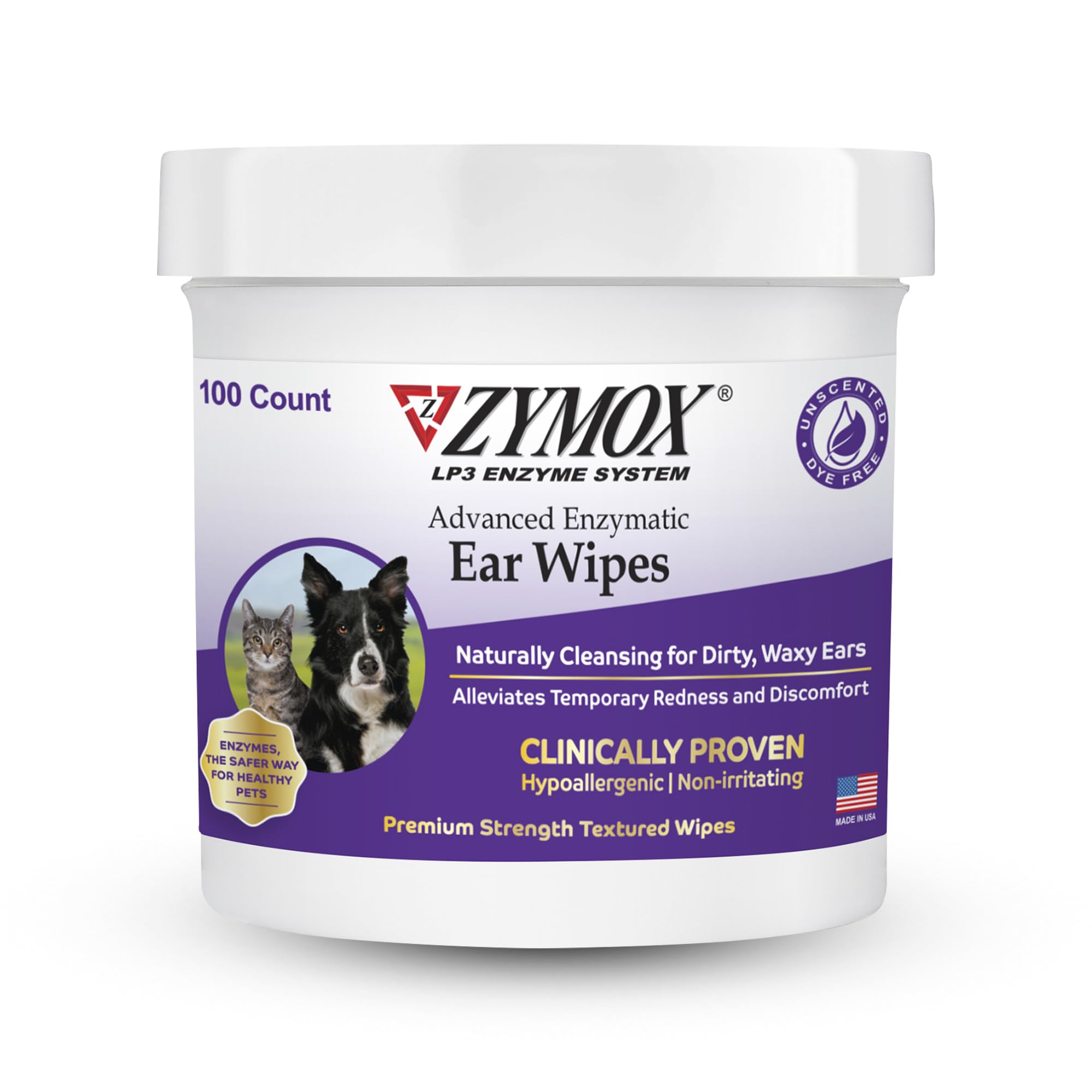 Zymox Advanced Ear Wipes showing enzyme action for gentle dirt and wax removal