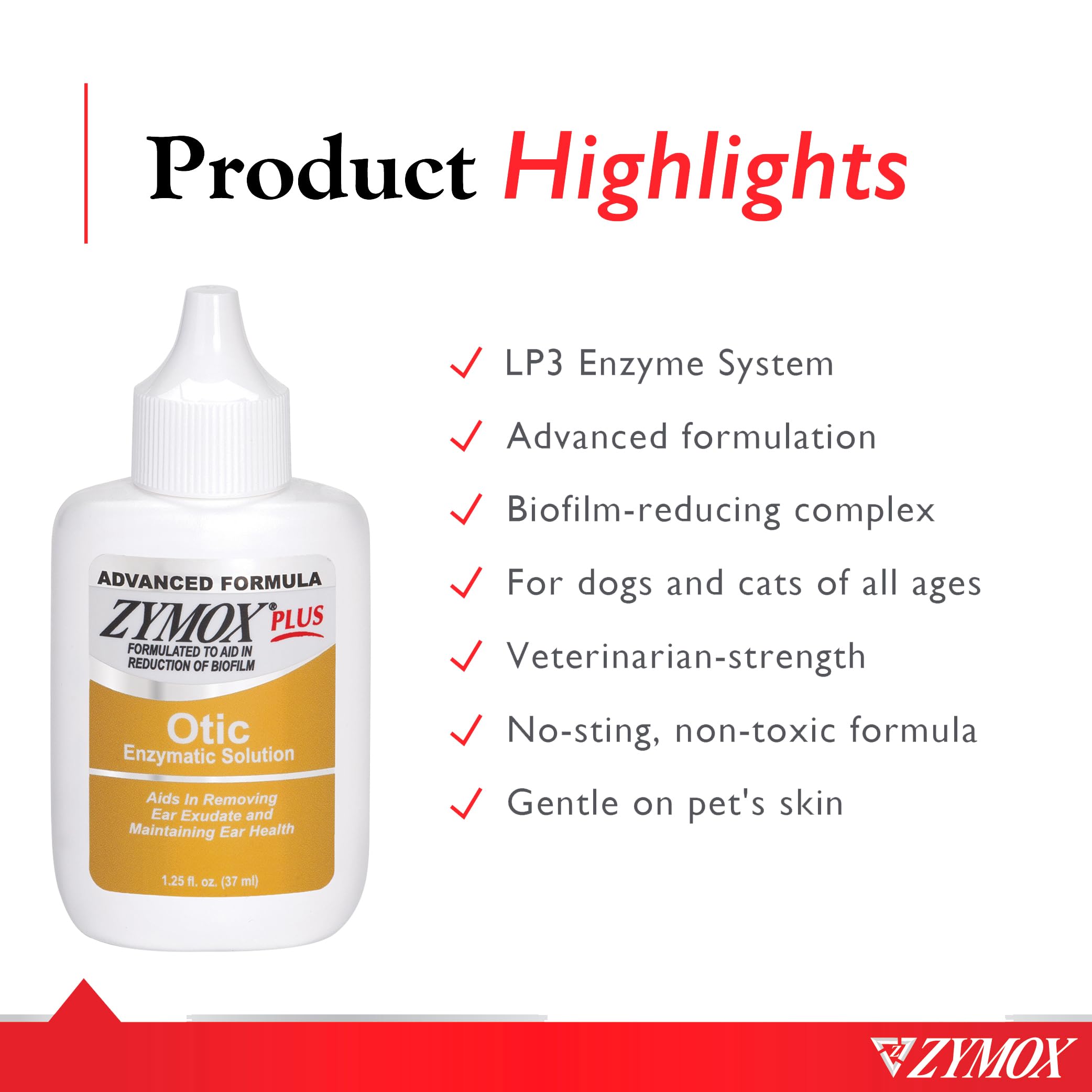 Zymox Advanced Formula Otic Plus cat ear close-up suggests soothing care