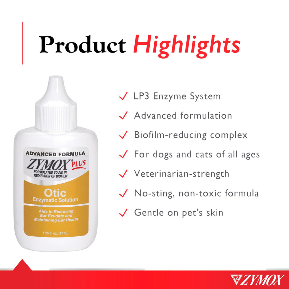 Zymox Advanced Formula Otic Plus cat ear close-up suggests soothing care