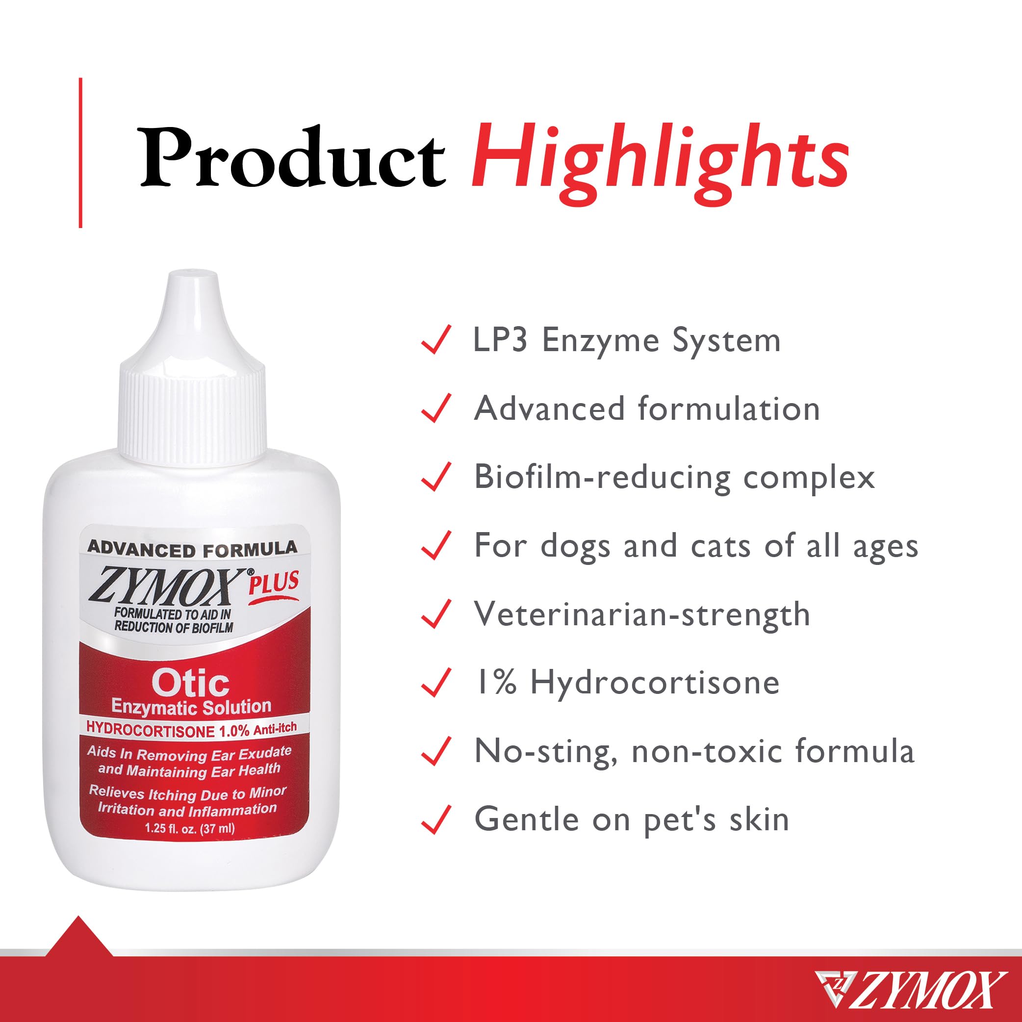 Close-up label shows LP3 enzyme system and 1% hydrocortisone for itchy ears.