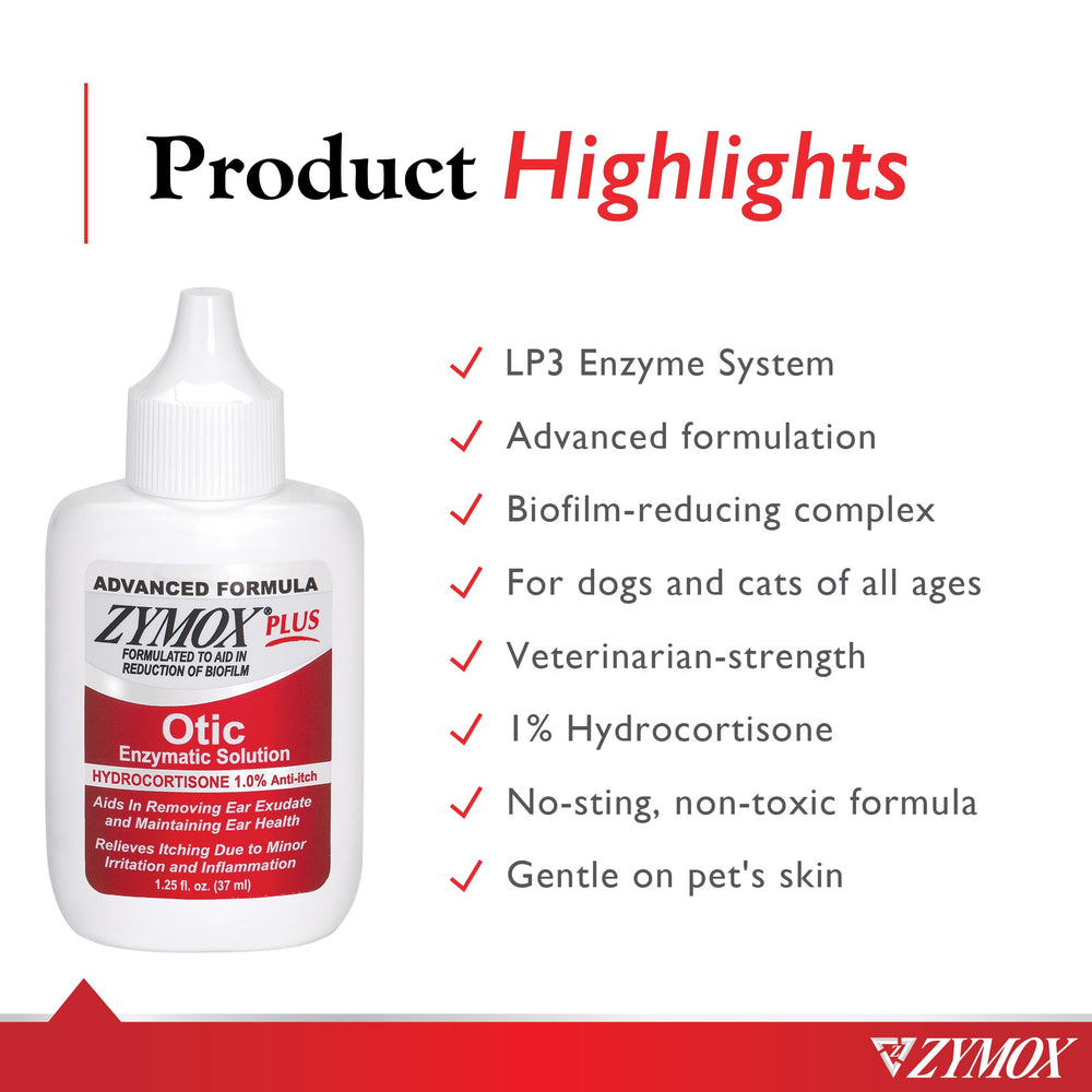 Close-up label shows LP3 enzyme system and 1% hydrocortisone for itchy ears.