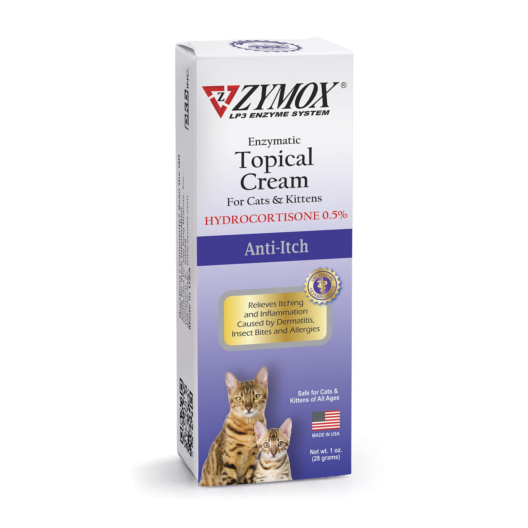 Zymox cat topical cream tube shown for itchy skin relief.