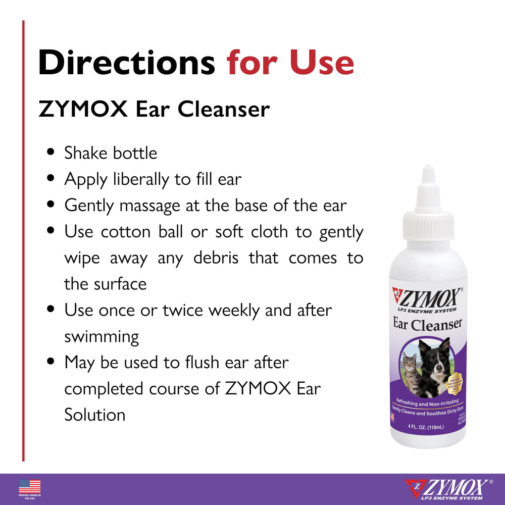 Zymox ear cleanser USA-made facility badge and safety icons.