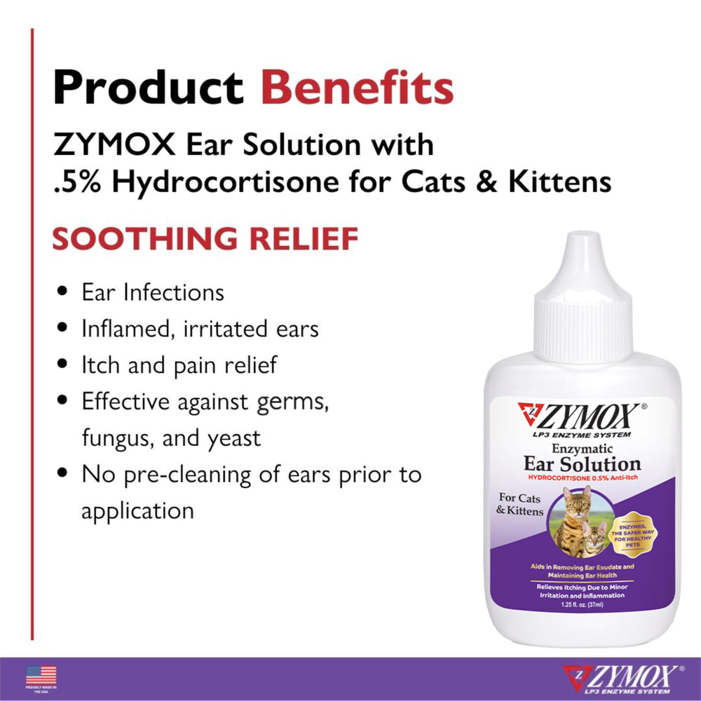 Zymox enzymatic ear cleaner for cats removes wax and debris.
