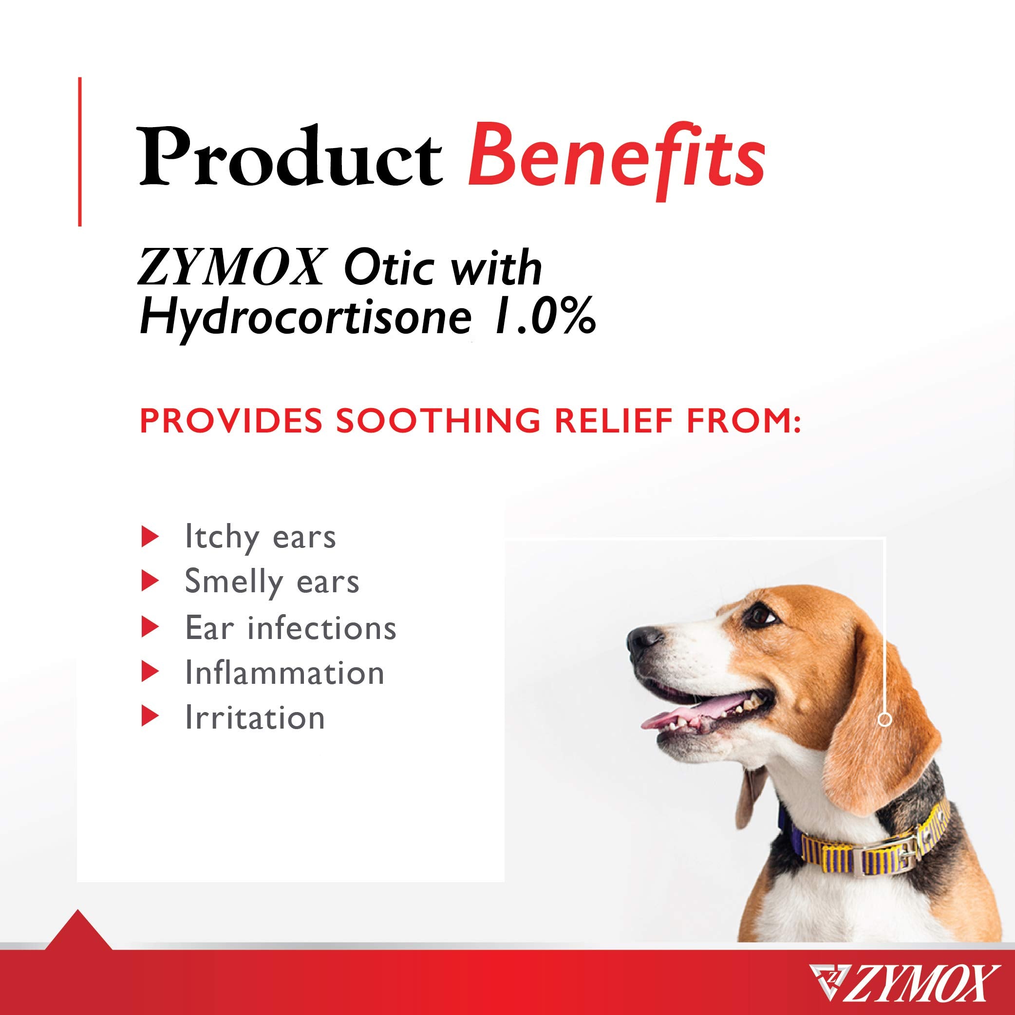 Zymox Otic label closeup highlights enzymes and hydrocortisone for itch relief.