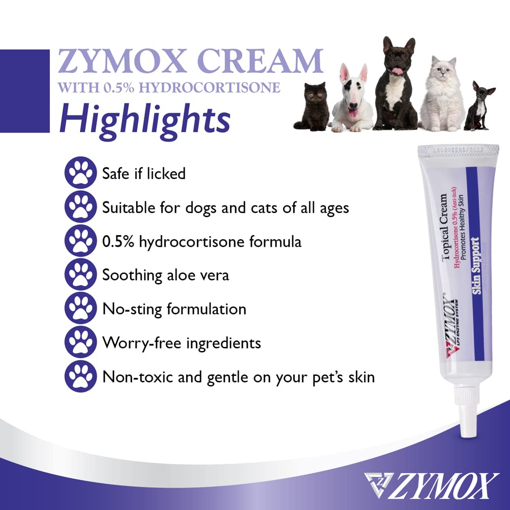 Zymox cream applied to facial irritation and paw areas for soothing relief.