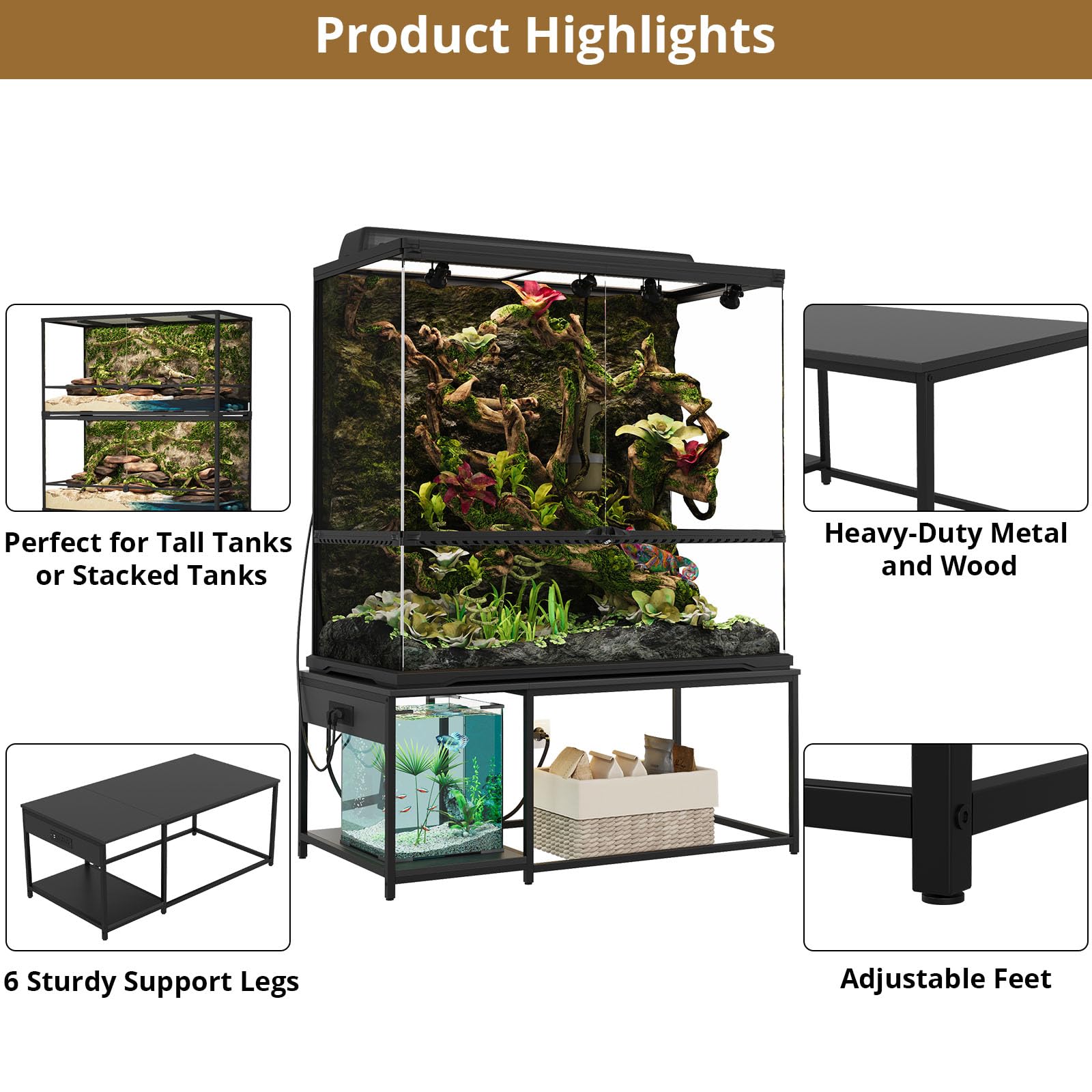 ZZJIHAI 120 gallon stand — detailed outlets close-up for easy device connections.