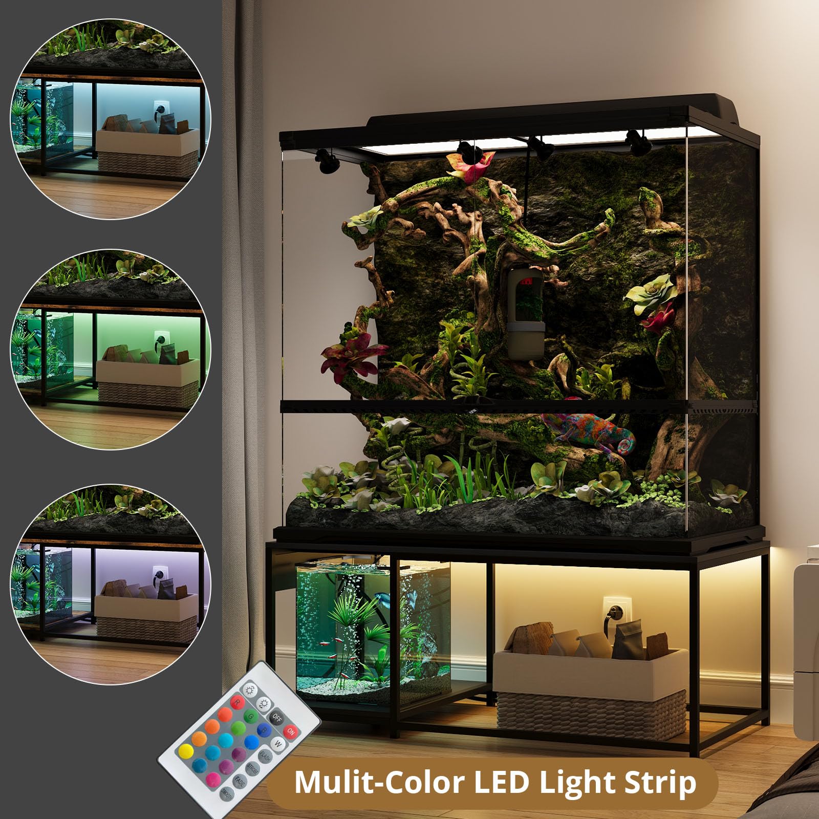 ZZJIHAI 120 gallon stand — LED light strip enhances terrarium ambience.